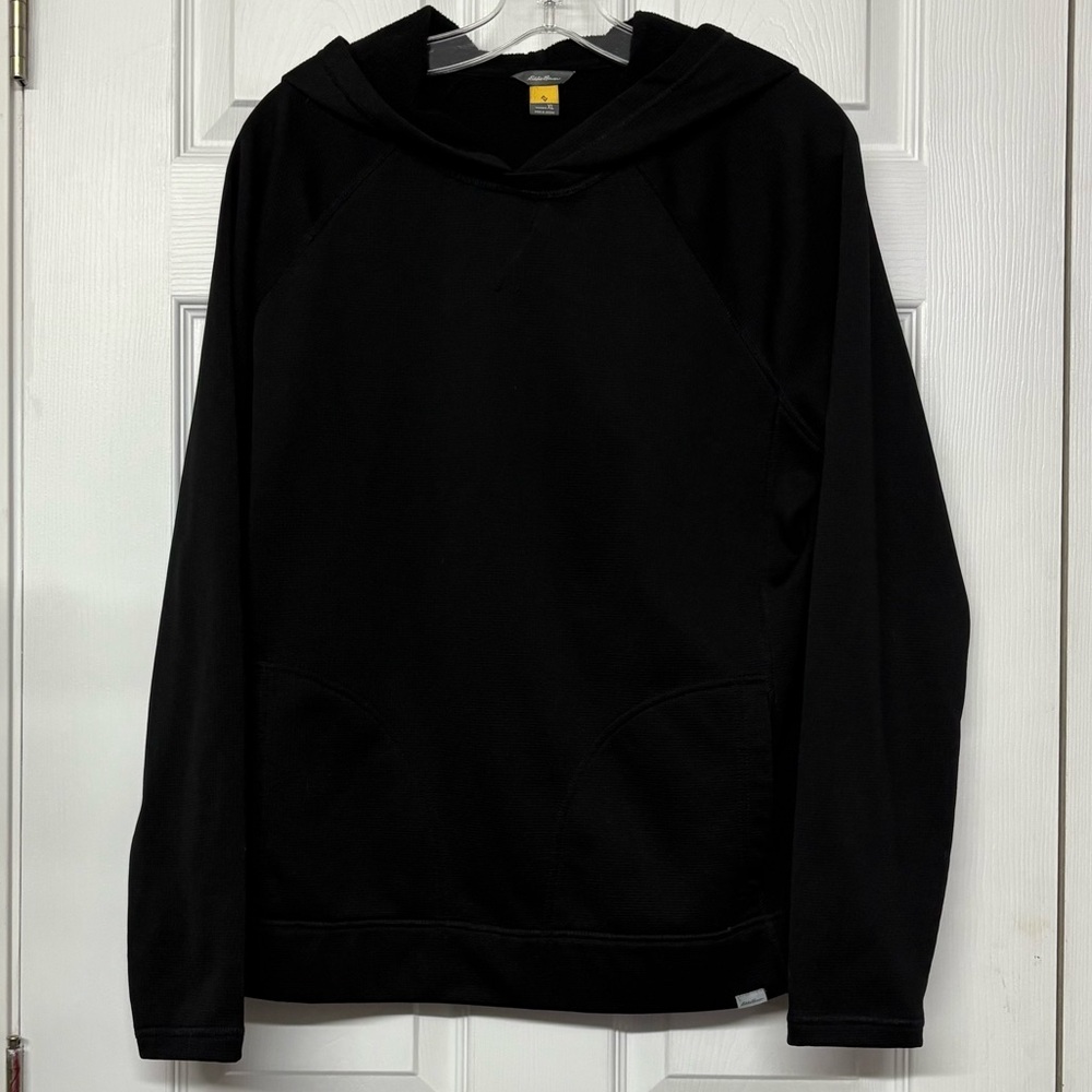 Eddie Bauer Waffle Knit Fleece Lined Black Hooded Sweatshirt Sz XL